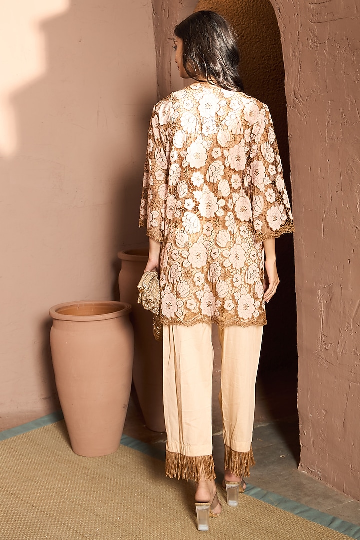Beige & Brown Cotton Lace Co-Ord Set by Tasuvure at Pernia's Pop Up Shop