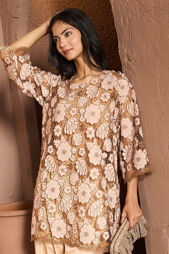 Beige & Brown Cotton Lace Co-Ord Set by Tasuvure at Pernia's Pop Up Shop