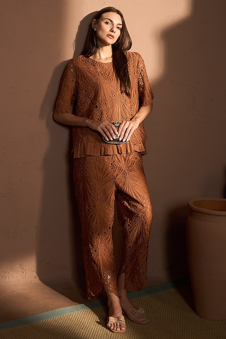 Coffee Brown Cotton Lace Co-Ord Set by Tasuvure at Pernia's Pop Up Shop