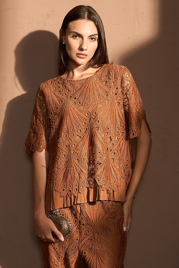 Coffee Brown Cotton Lace Co-Ord Set by Tasuvure at Pernia's Pop Up Shop