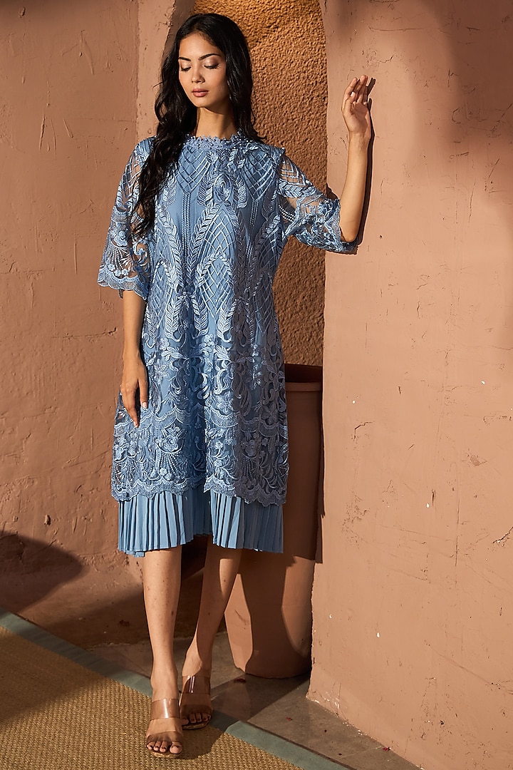 Blue Cotton Lace Midi Dress by Tasuvure at Pernia's Pop Up Shop