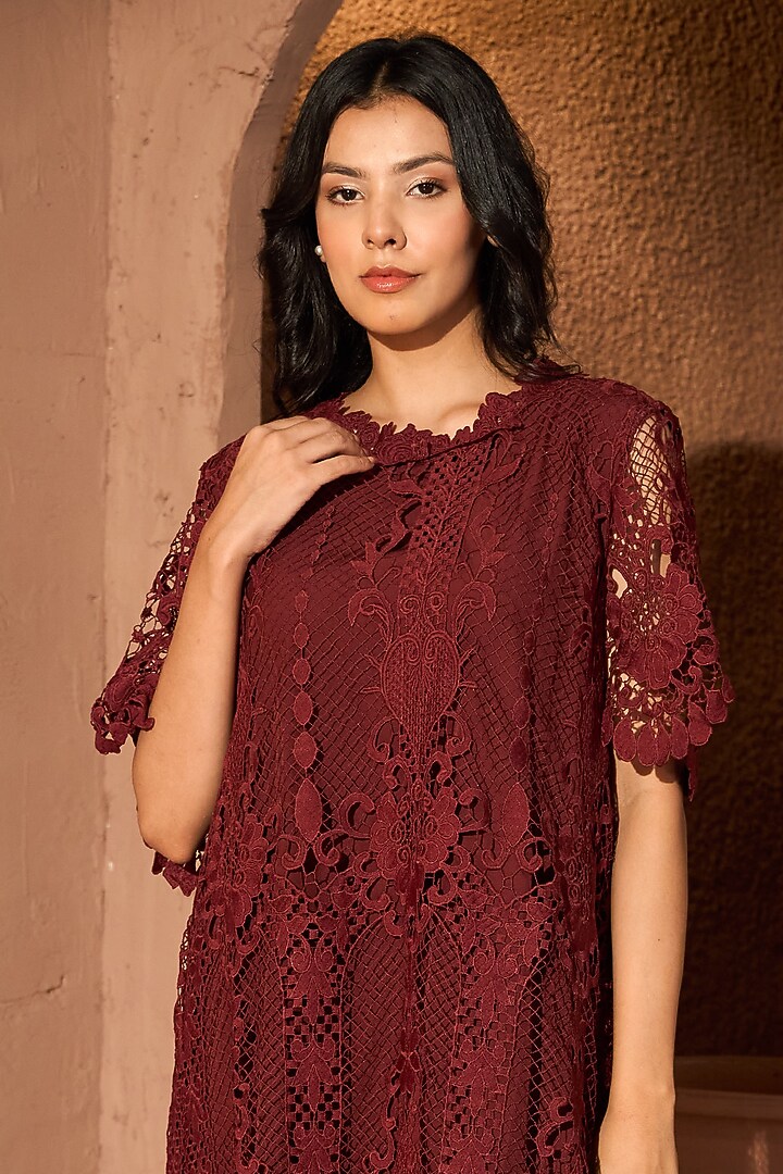 Red Cotton Lace Midi Summer Dress by Tasuvure at Pernia's Pop Up Shop