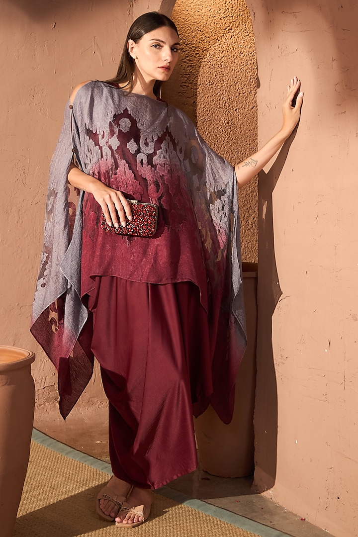 Maroon & Silver Organza Jacket Dress by Tasuvure at Pernia's Pop Up Shop