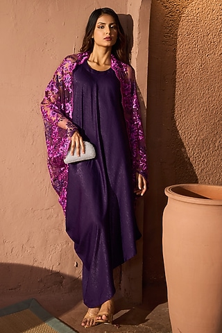 Purple Satin & Lace Jacket Dress by Tasuvure