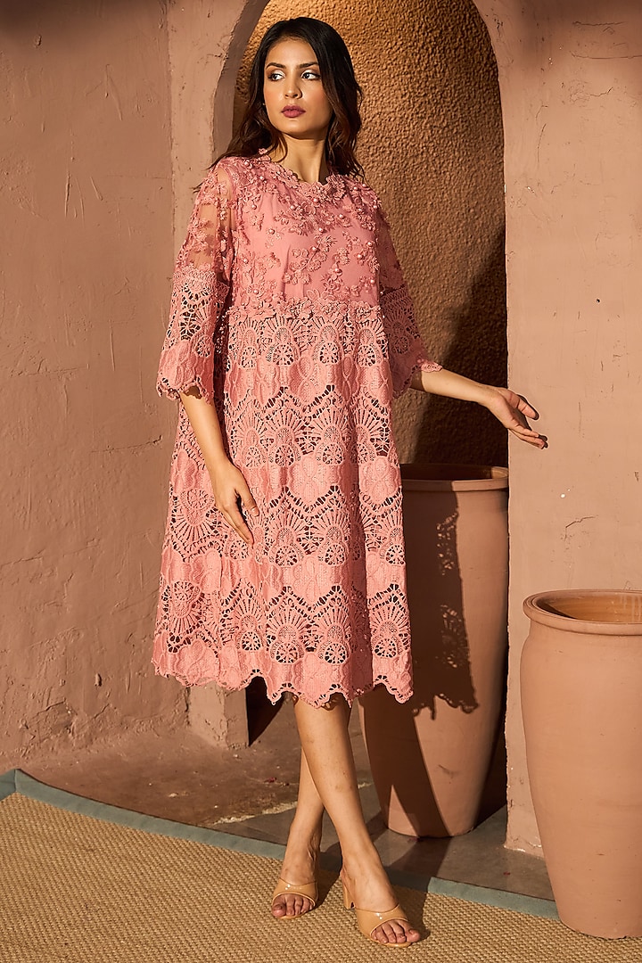 Peach Cotton Lace Midi Dress by Tasuvure at Pernia's Pop Up Shop