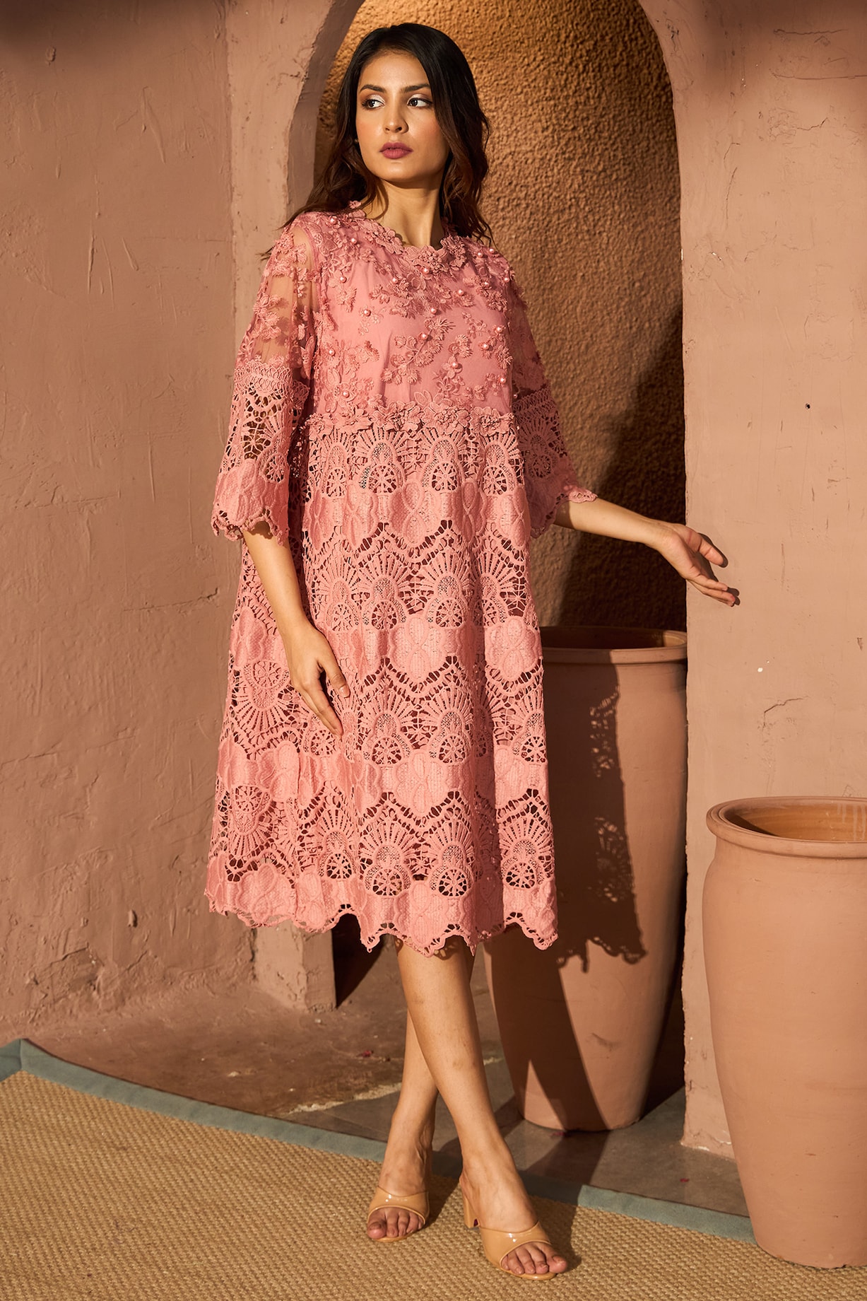 Peach Cotton Lace Midi Vacation Dress by Tasuvure at Pernia's Pop Up Shop