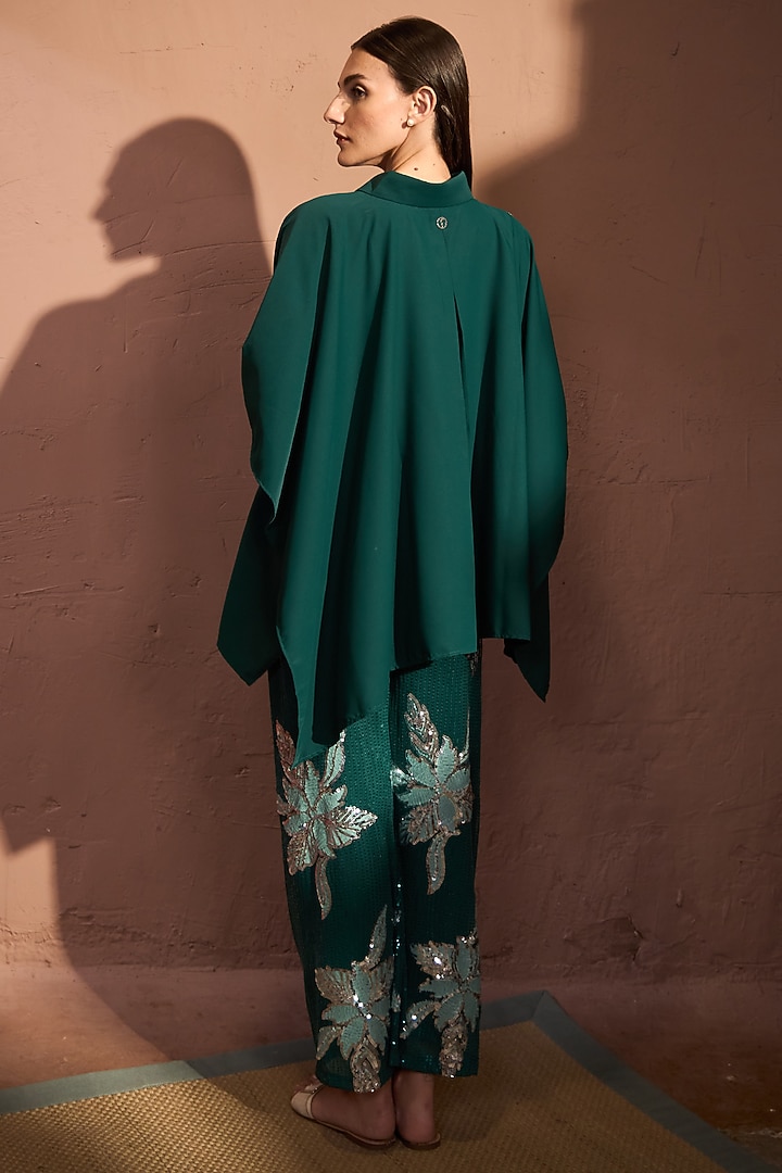 Emerald Green Crepe Sequins Embroidered Co-Ord Set by Tasuvure at Pernia's Pop Up Shop