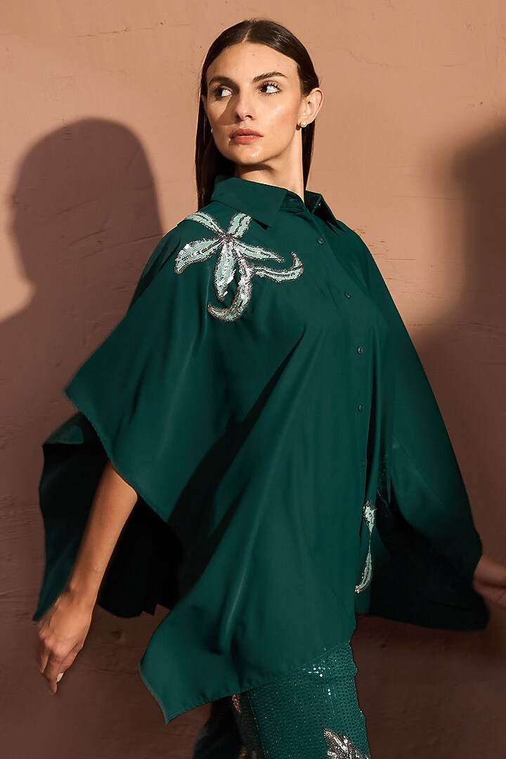 Emerald Green Crepe Sequins Embroidered Co-Ord Set by Tasuvure at Pernia's Pop Up Shop
