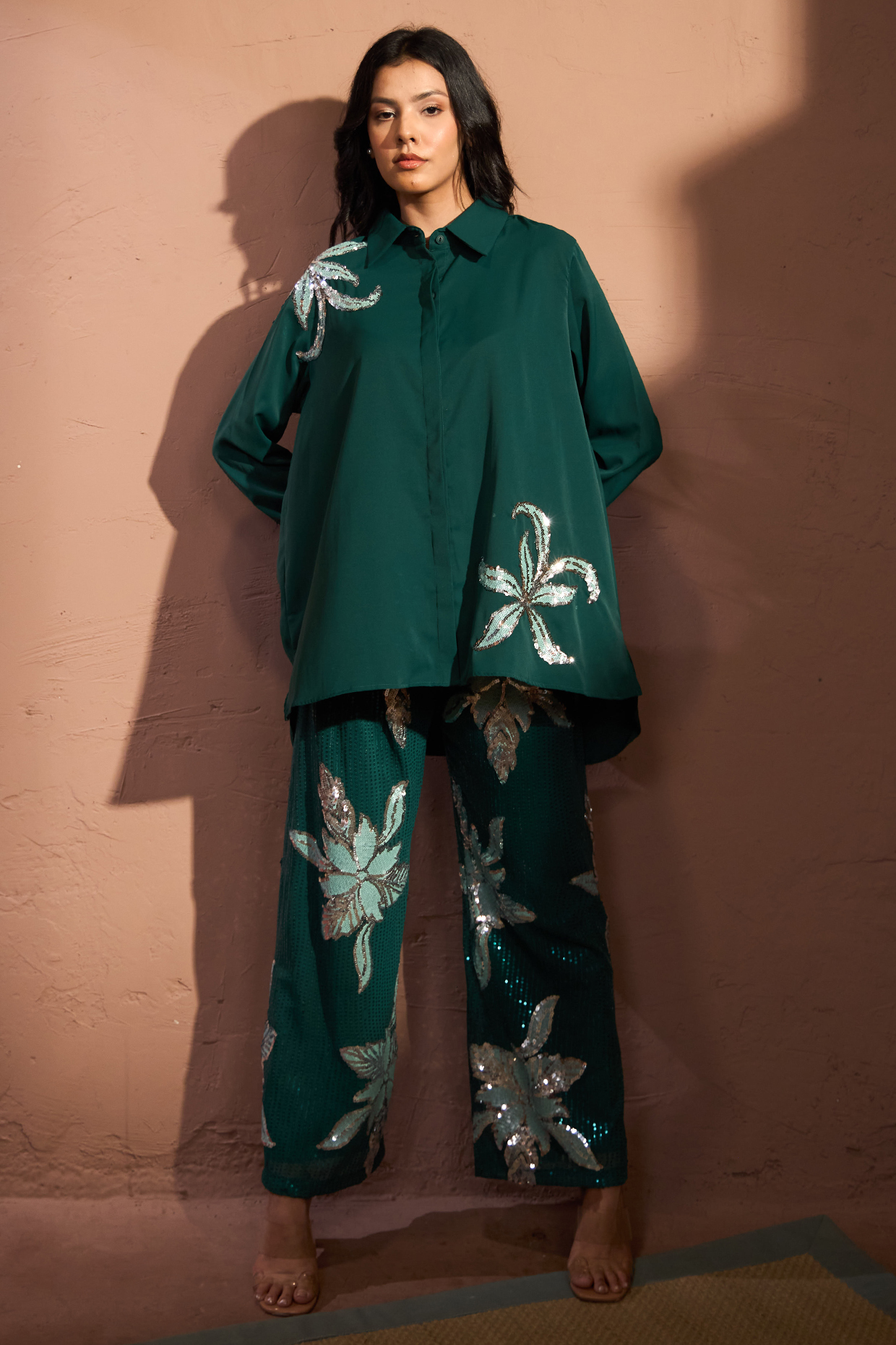 Emerald Green Crepe Sequins Embroidered Co-Ord Set by Tasuvure at Pernia's Pop Up Shop