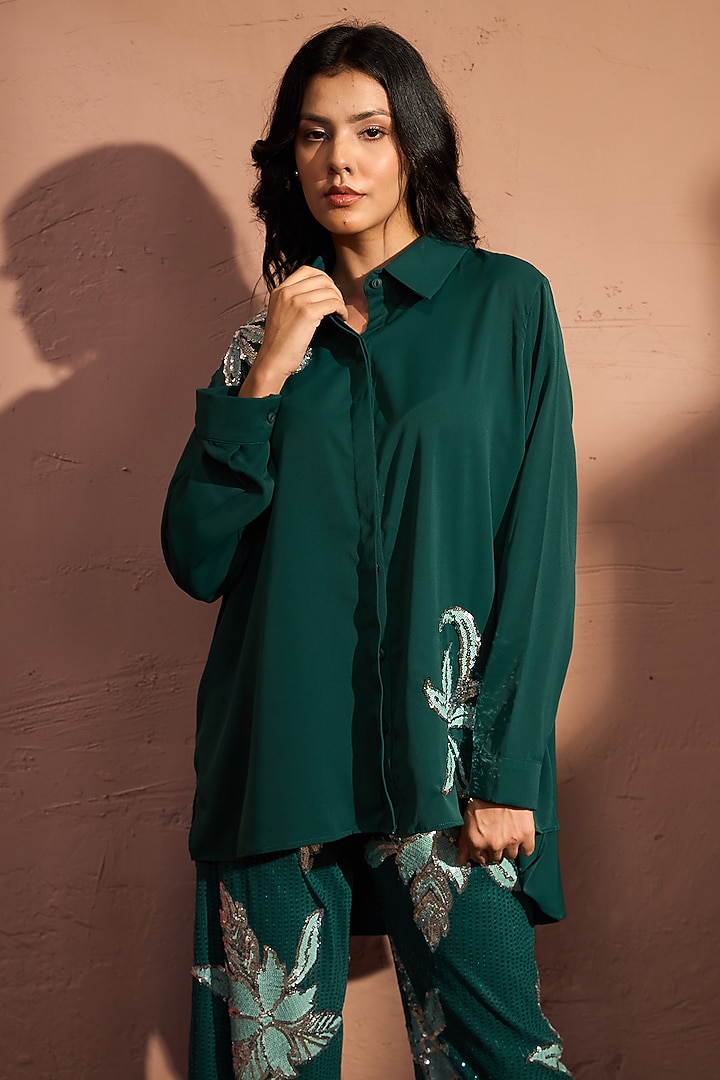 Emerald Green Crepe Sequins Embroidered Co-Ord Set by Tasuvure at Pernia's Pop Up Shop
