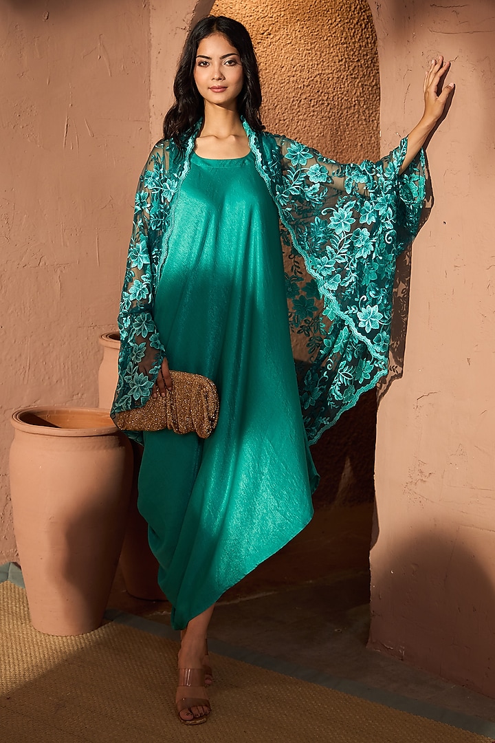 Teal Satin & Lace Jacket Dress by Tasuvure at Pernia's Pop Up Shop