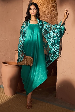 Teal Satin & Lace Jacket Dress by Tasuvure