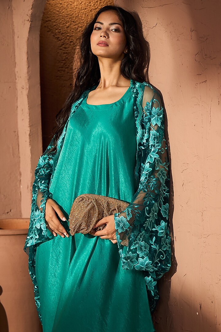 Teal Satin & Lace Jacket Vacation Dress by Tasuvure at Pernia's Pop Up Shop