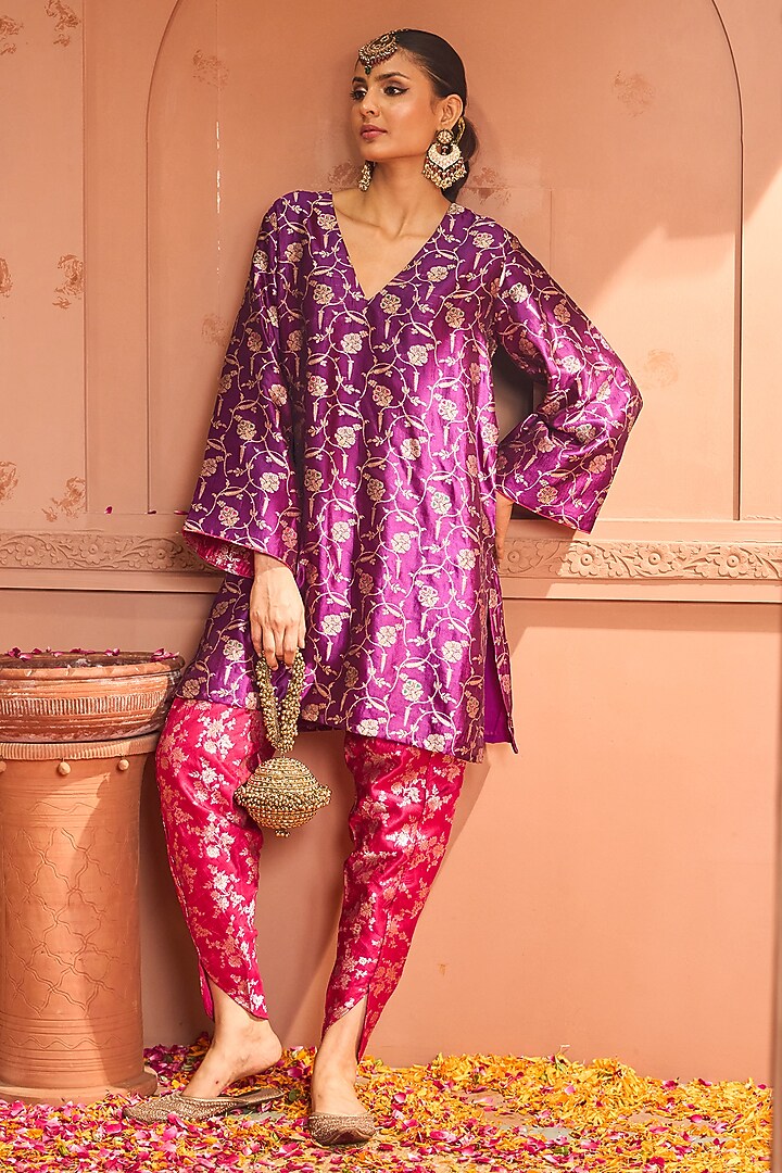 Purple Brocade Silk Tunic Set by Tasuvure at Pernia's Pop Up Shop