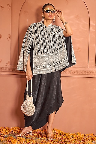 Black Georgette Thread Embroidered Jacket Dress by Tasuvure