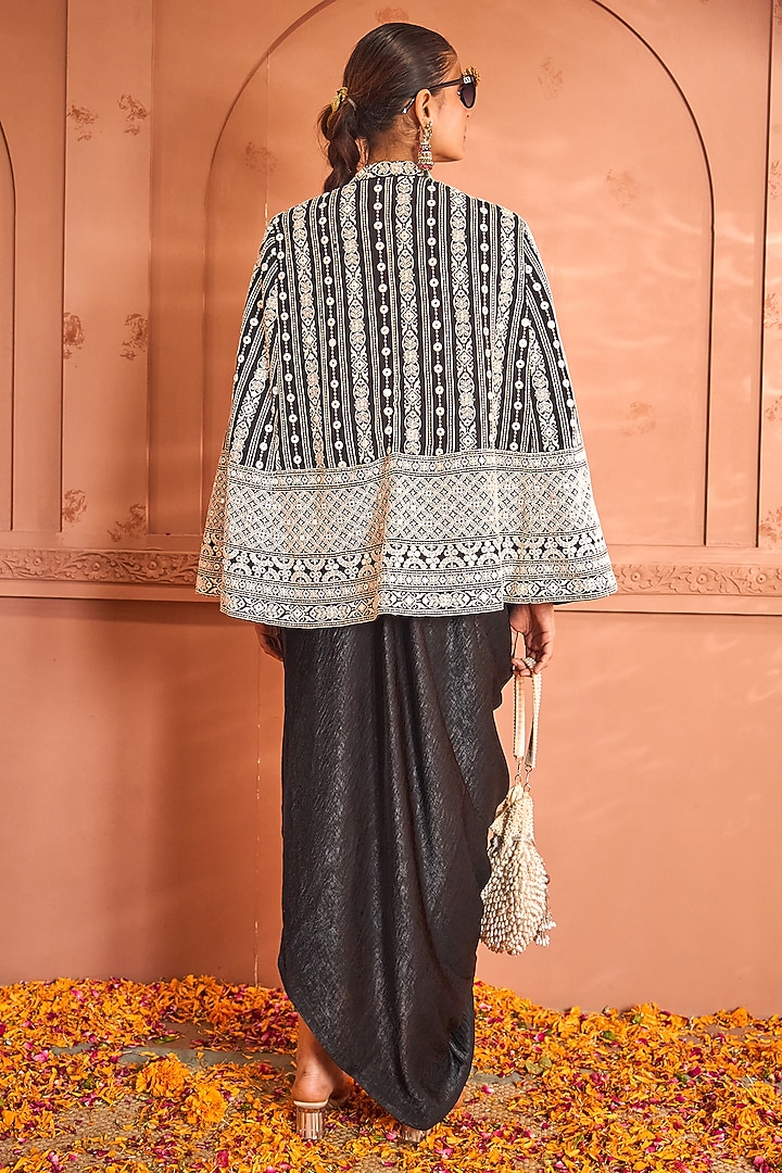 Black Georgette Thread Embroidered Jacket Vacation Dress by Tasuvure at Pernia's Pop Up Shop
