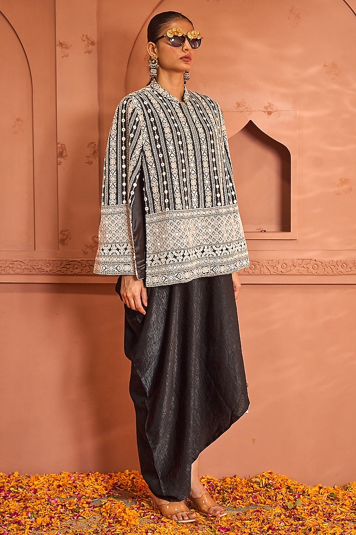 Black Georgette Thread Embroidered Jacket Vacation Dress by Tasuvure at Pernia's Pop Up Shop