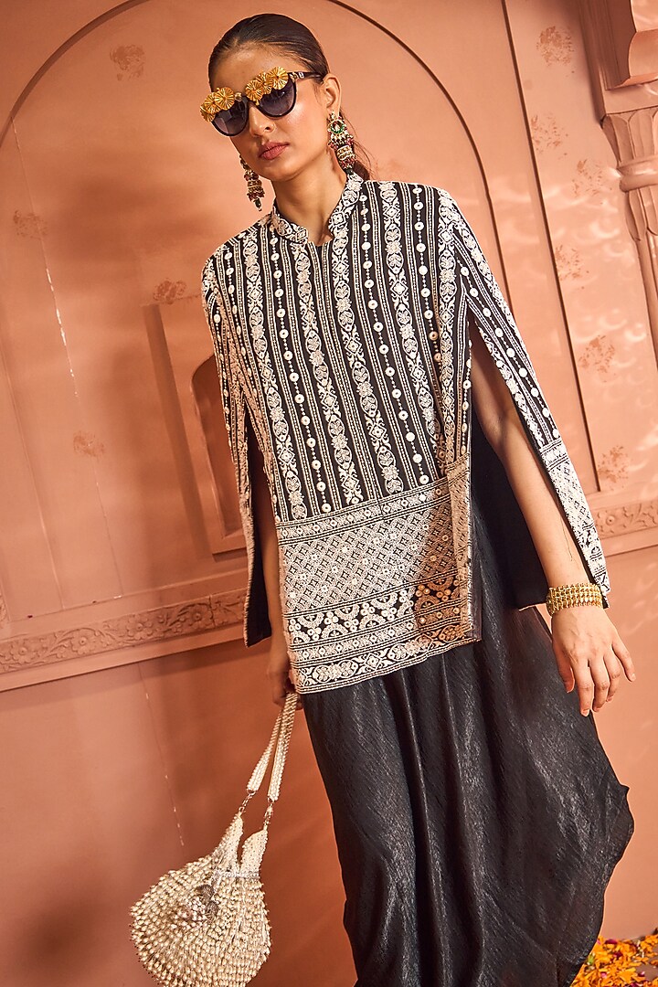 Black Georgette Thread Embroidered Jacket Vacation Dress by Tasuvure at Pernia's Pop Up Shop