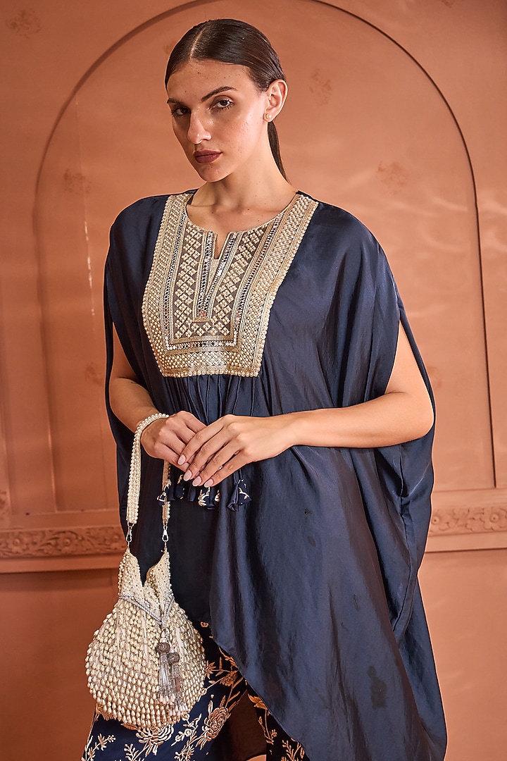 Midnight Blue Satin Silk Co-Ord Set by Tasuvure at Pernia's Pop Up Shop
