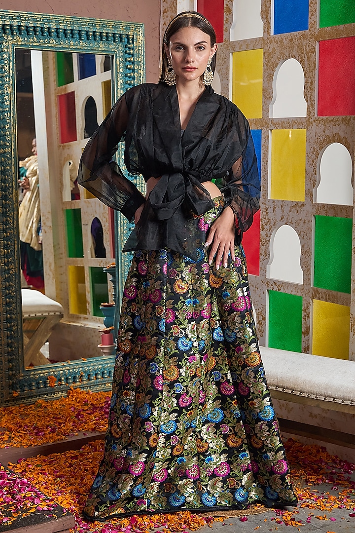 Black Brocade Silk Banarasi Skirt Set by Tasuvure at Pernia's Pop Up Shop