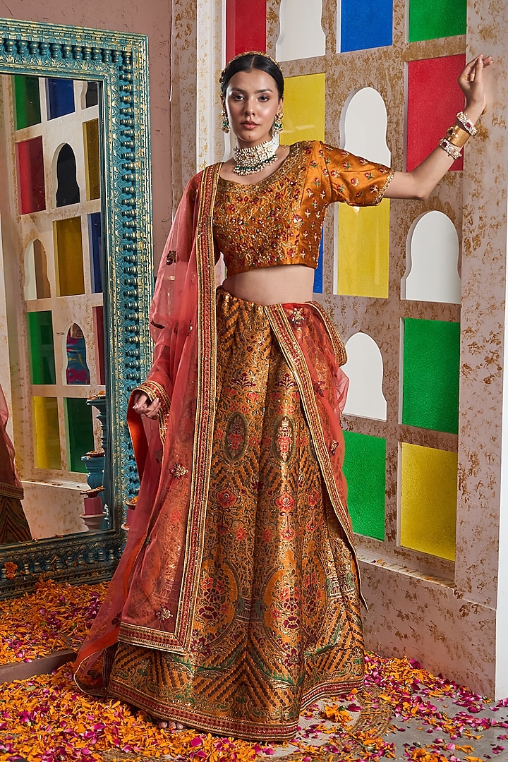 Orange Banarasi Silk Embroidered Wedding Lehenga Set by Tasuvure at Pernia's Pop Up Shop