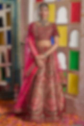 Royal Red Banarasi Silk Embroidered Wedding Lehenga Set by Tasuvure at Pernia's Pop Up Shop