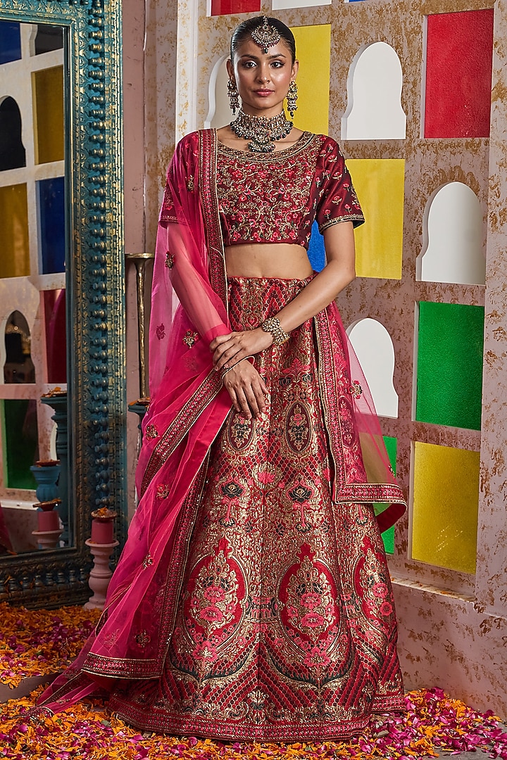 Royal Red Banarasi Silk Embroidered Wedding Lehenga Set by Tasuvure at Pernia's Pop Up Shop