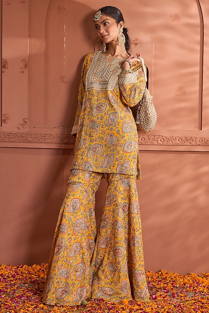 Yellow Georgette Paisley Motif Embroidered Sharara Set by Tasuvure at Pernia's Pop Up Shop