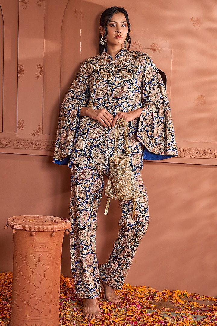 Blue Georgette Paisley Embroidered Cape Set by Tasuvure at Pernia's Pop Up Shop