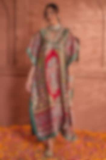 Green & Red Brocade Silk Embroidered Banarasi Kaftan by Tasuvure at Pernia's Pop Up Shop