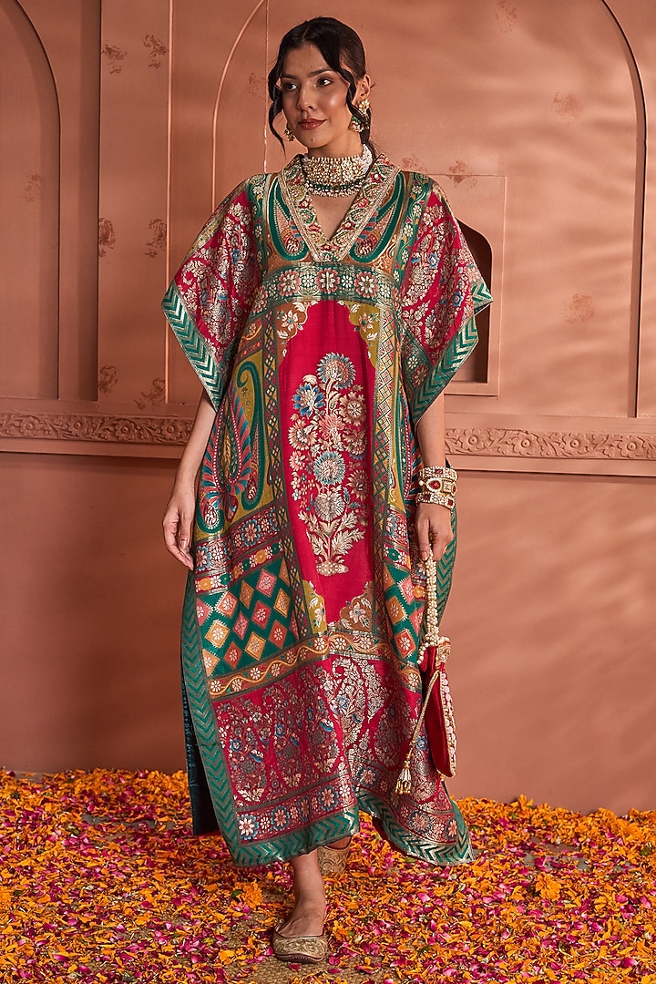 Green & Red Brocade Silk Embroidered Banarasi Kaftan by Tasuvure at Pernia's Pop Up Shop