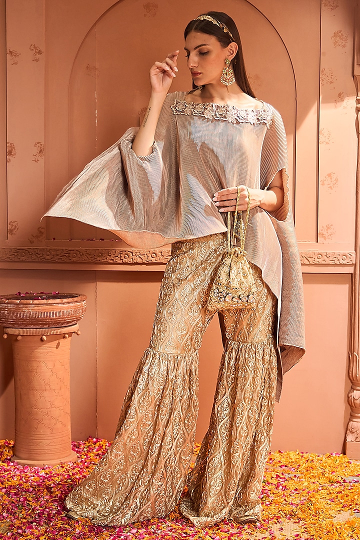 Nude Pleated Silk Lace Dori Sharara Set by Tasuvure at Pernia's Pop Up Shop