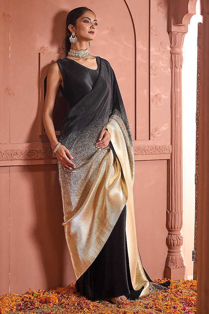 Black Pleated Gown Saree by Tasuvure at Pernia's Pop Up Shop