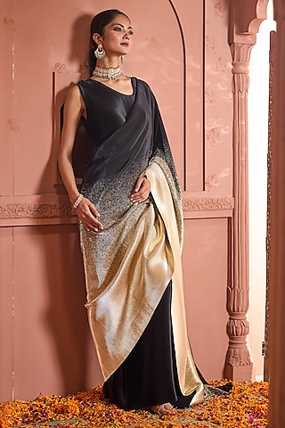 Black Pleated Gown Saree by Tasuvure