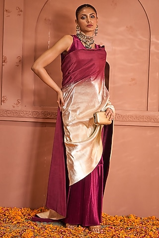 Wine Pleated Gown Saree by Tasuvure