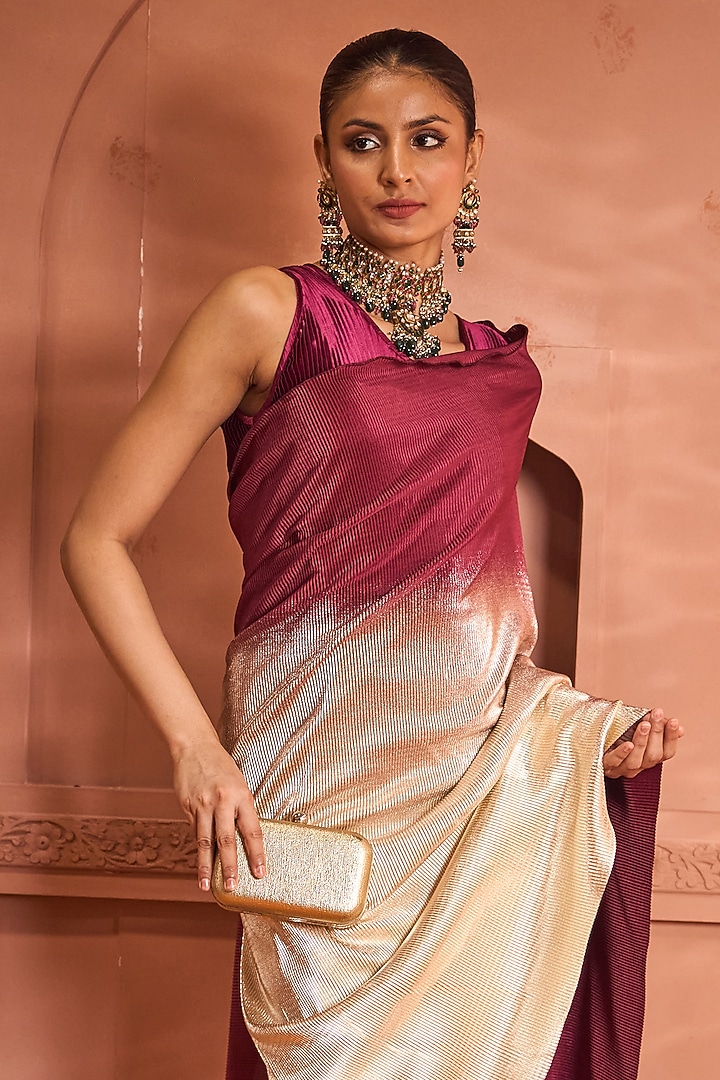 Wine Pleated Wedding Gown Saree by Tasuvure at Pernia's Pop Up Shop