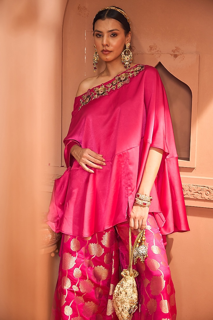 Fuchsia Brocade Silk Embroidered Kaftan Set by Tasuvure at Pernia's Pop Up Shop