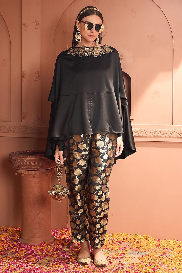 Black Brocade Silk Embroidered Kaftan Set by Tasuvure at Pernia's Pop Up Shop