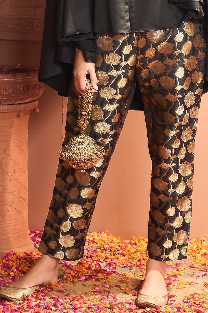 Black Brocade Silk Embroidered Kaftan Set by Tasuvure at Pernia's Pop Up Shop