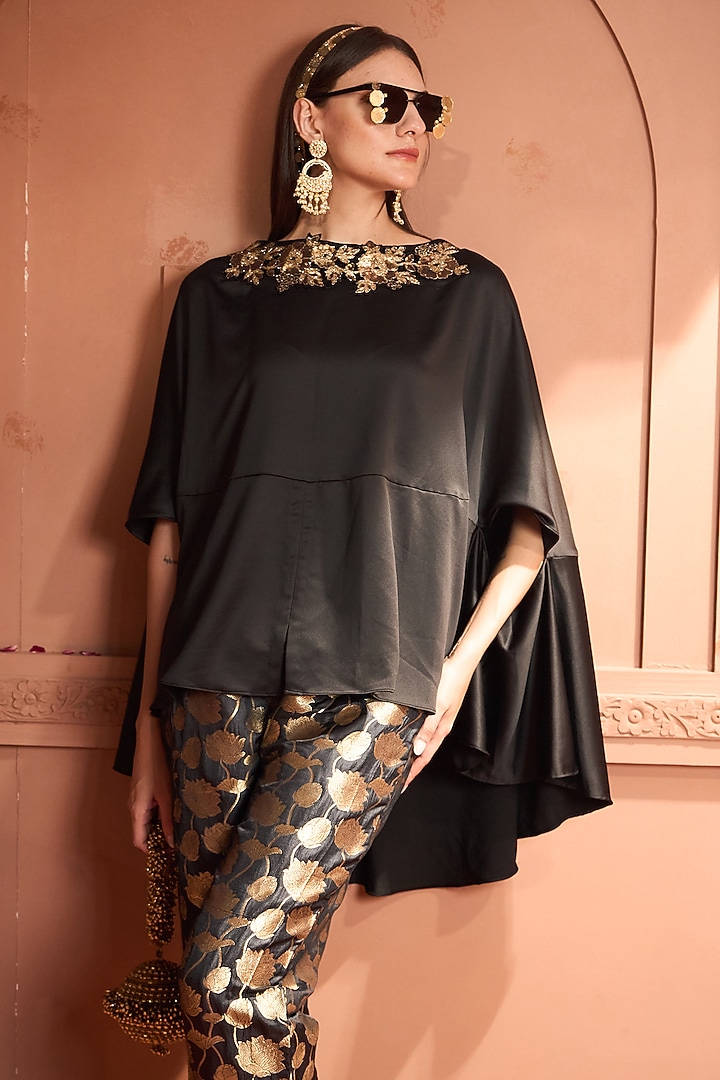 Black Brocade Silk Embroidered Kaftan Set by Tasuvure at Pernia's Pop Up Shop
