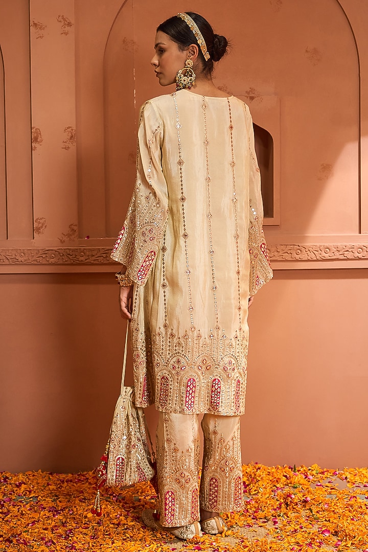 Ivory Tissue Silk Patch Work Kaftan Set by Tasuvure at Pernia's Pop Up Shop