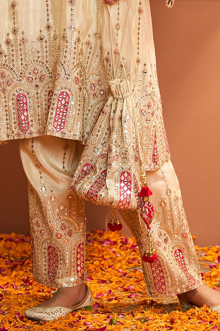 Ivory Tissue Silk Patch Work Kaftan Set by Tasuvure at Pernia's Pop Up Shop