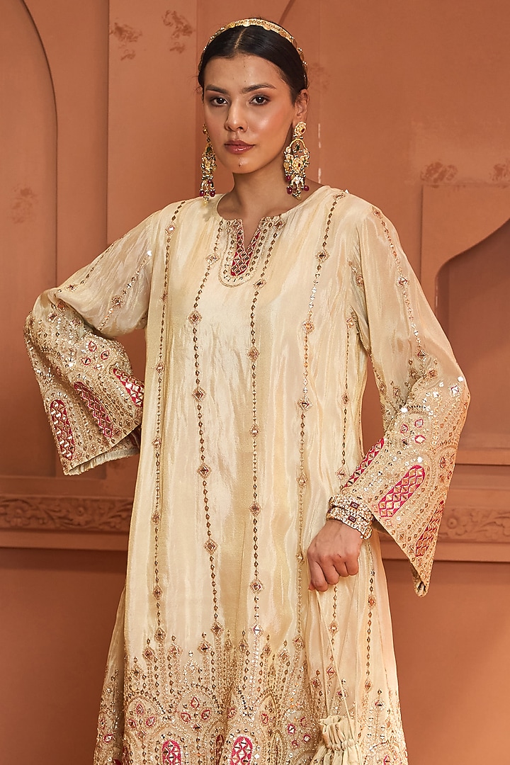 Ivory Tissue Silk Patch Work Kaftan Set by Tasuvure at Pernia's Pop Up Shop
