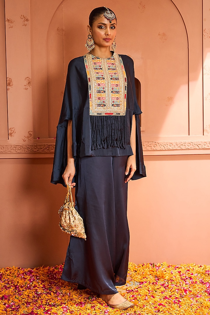 Blue Satin Silk Patch Work Kaftan Set by Tasuvure at Pernia's Pop Up Shop