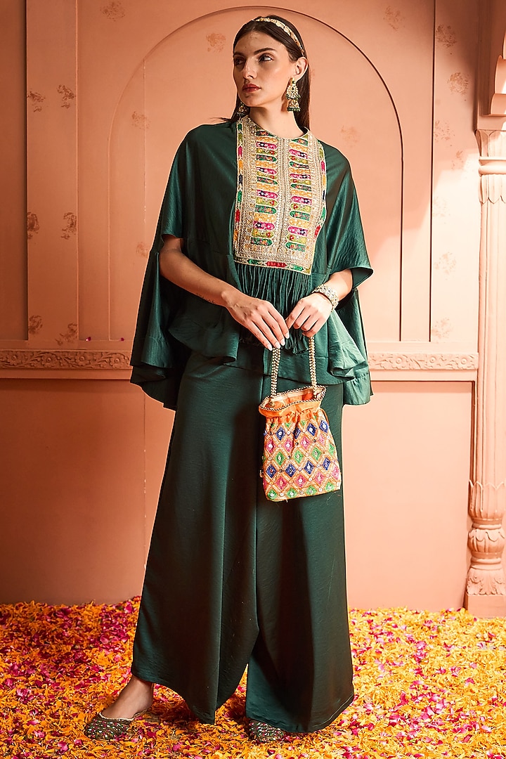 Emerald Green Satin Silk Patch Work Kaftan Set by Tasuvure at Pernia's Pop Up Shop