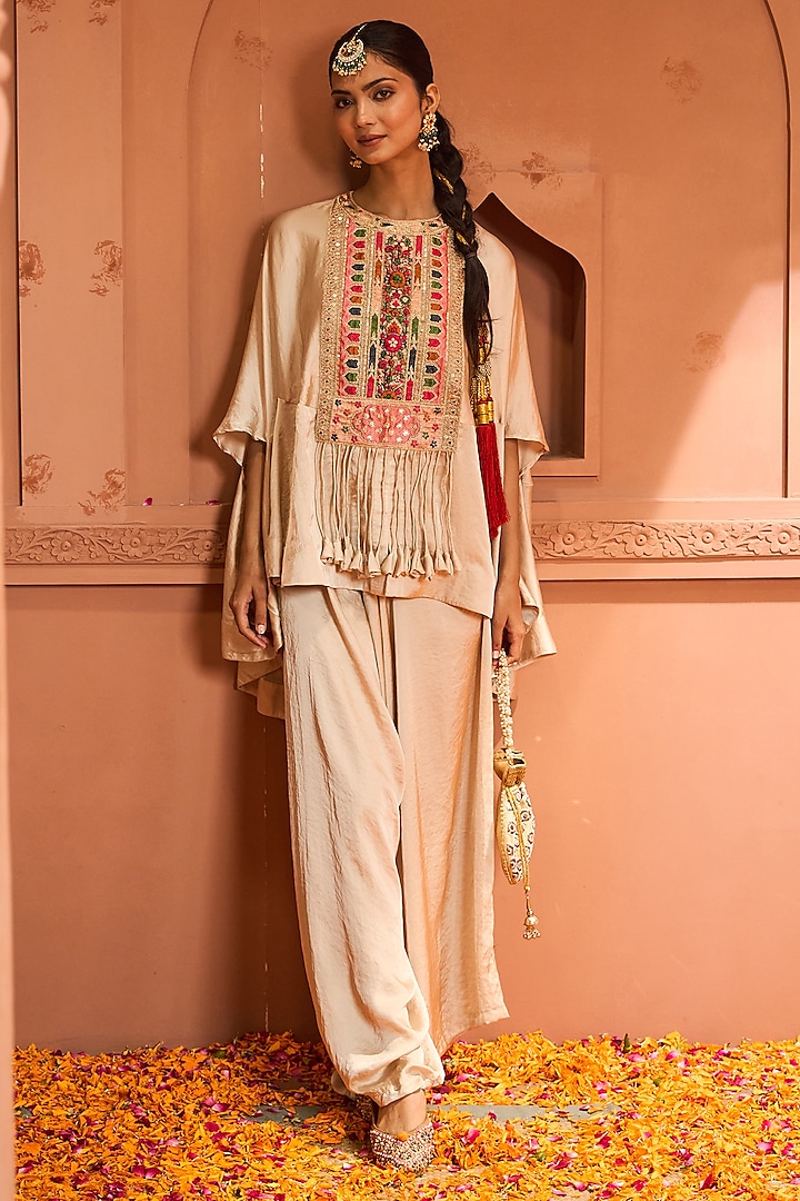 Nude Satin Silk Patch Work Kaftan Set by Tasuvure at Pernia's Pop Up Shop