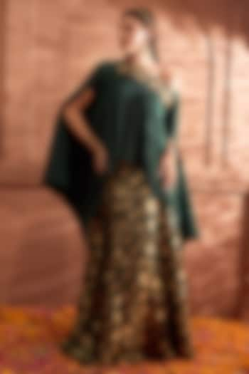 Green Brocade Silk Embroidered Cape Set by Tasuvure at Pernia's Pop Up Shop