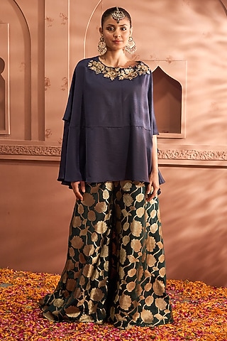 Blue Banarasi Embroidered Kaftan Set by Tasuvure