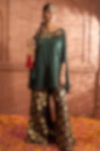 Green Brocade Silk Embroidered Cape Set by Tasuvure at Pernia's Pop Up Shop