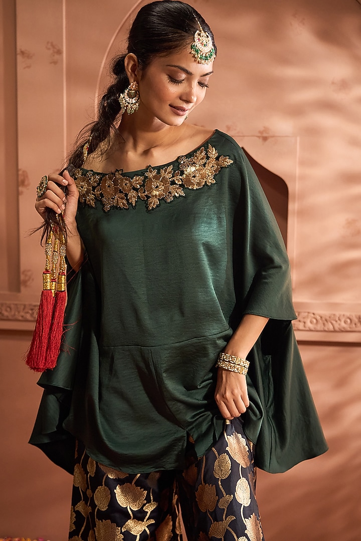 Green Brocade Silk Embroidered Cape Set by Tasuvure at Pernia's Pop Up Shop